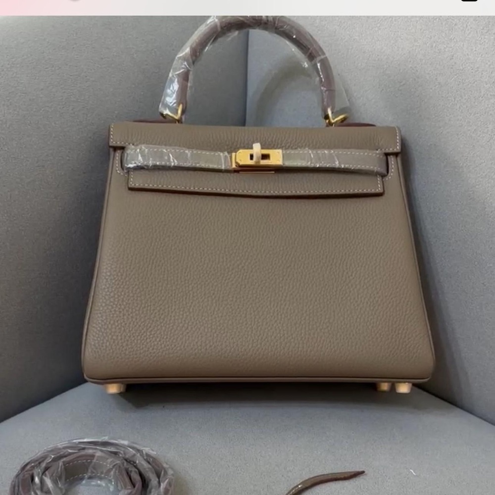 Taupe Leather Top-Handle Satchel with Gold Hardware